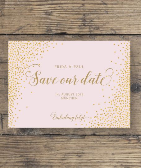 Save the Date Karte Gold geschwungene Schrift querformat in rosa Gold vorderseite
