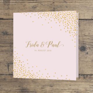 Hochzeitseinladung Quadrat Klappkarte vorderseite in rosa gold veredelt geschwungene Schrift