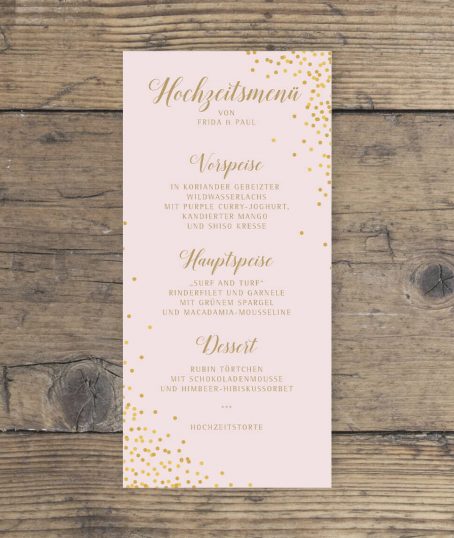 Hochzeit Menükarte DINlang Hochformat rosa gold geschwungene Schrift vorderseite