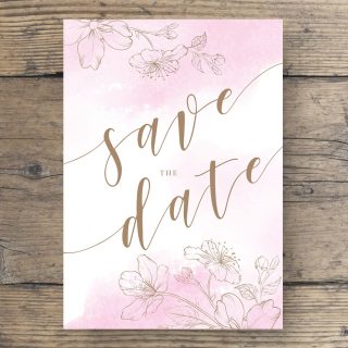 Save The Date Postkarte DIN A6 in Rosa Weiß Gold Goldfolie Kirschblüten Vorderseite