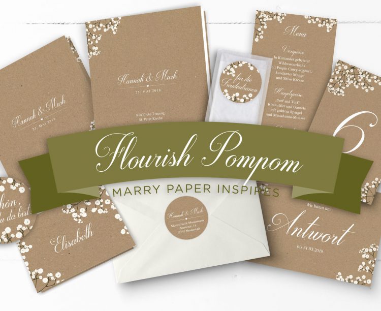 Flourish PomPom, Hochzeitspapeterie mit Kraftpapieroptik, weißer Kalligrafieschrift und Schleierkraut