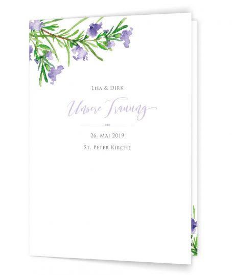 Hochzeit Kirchenheft-Umschlag Rosmarin Zweige in grün und violet Auqarell