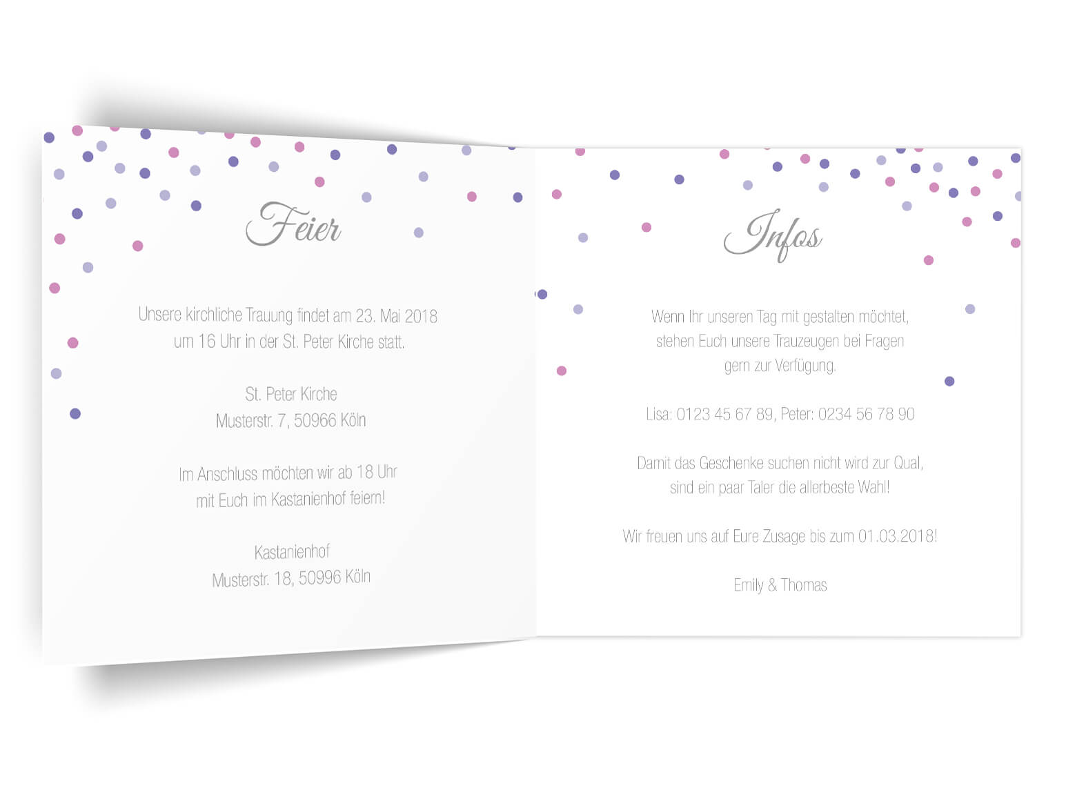 Moderne Hochzeitseinladung quadratische Klappkarte Confetti innen