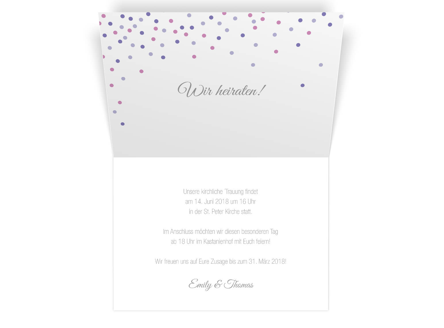 Modern verspielte Hochzeitseinladung Klappkarte Diplomat Format Confetti