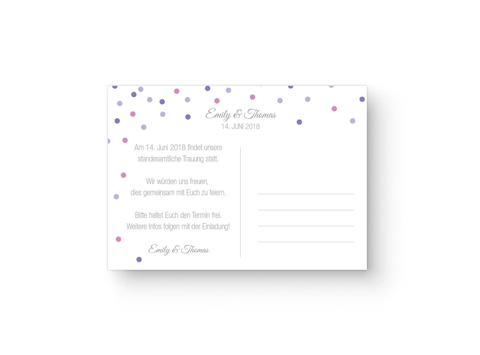 Save the Date Postkarte Hochzeit elegante Schrift lila rosa Rückseite