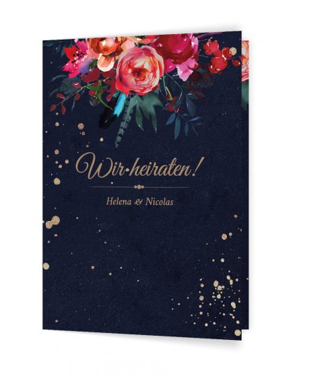 Schicke Boho Hochzeitseinladung, dunkelblaue Hochzeitseinladung Dunkelblaue Hochzeitseinladung mit Aquarellblumen